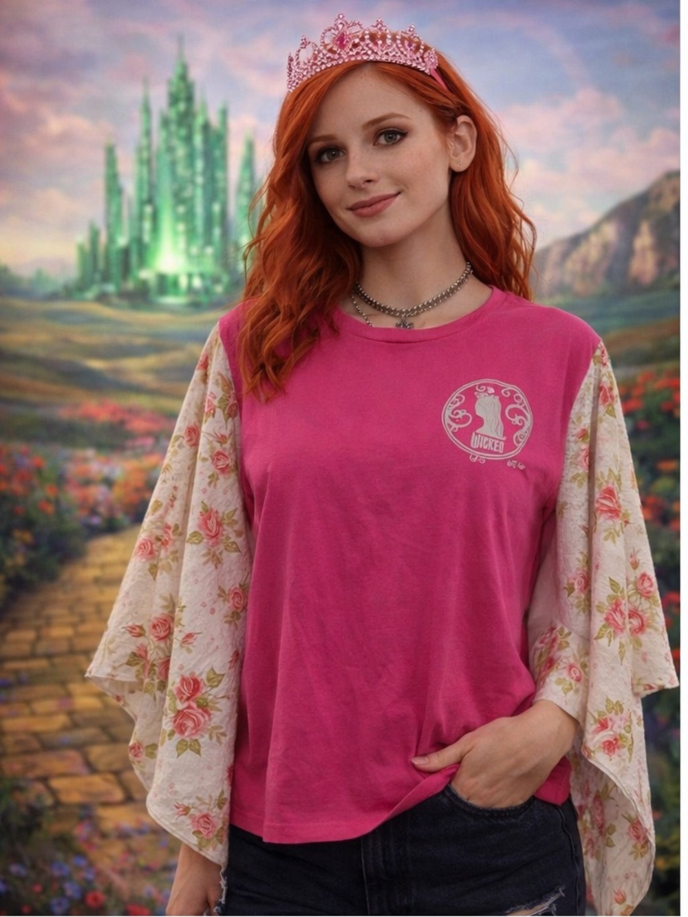 Custom Upcycled WICKED Good News Glinda Poncho Top Vintage Roses Sleeves OSFM